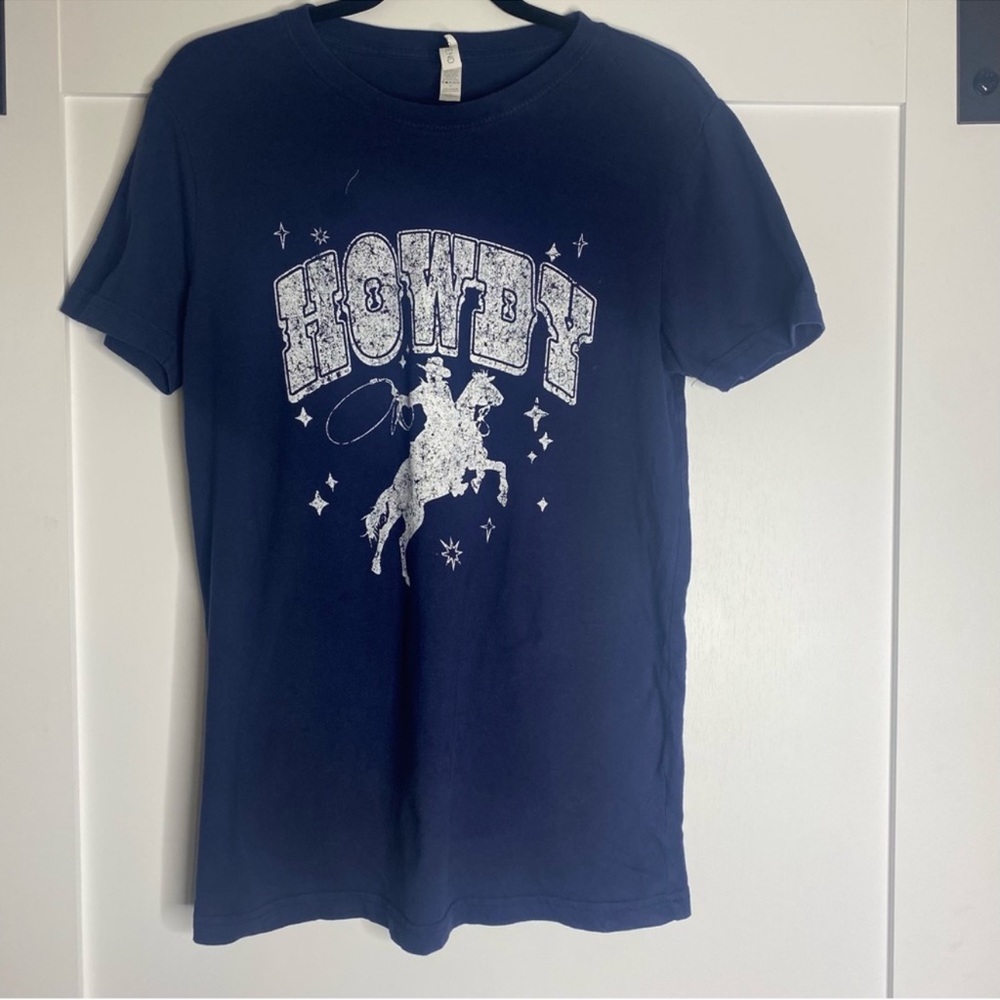 Cowgirl horse topping graphic navy T-shirt